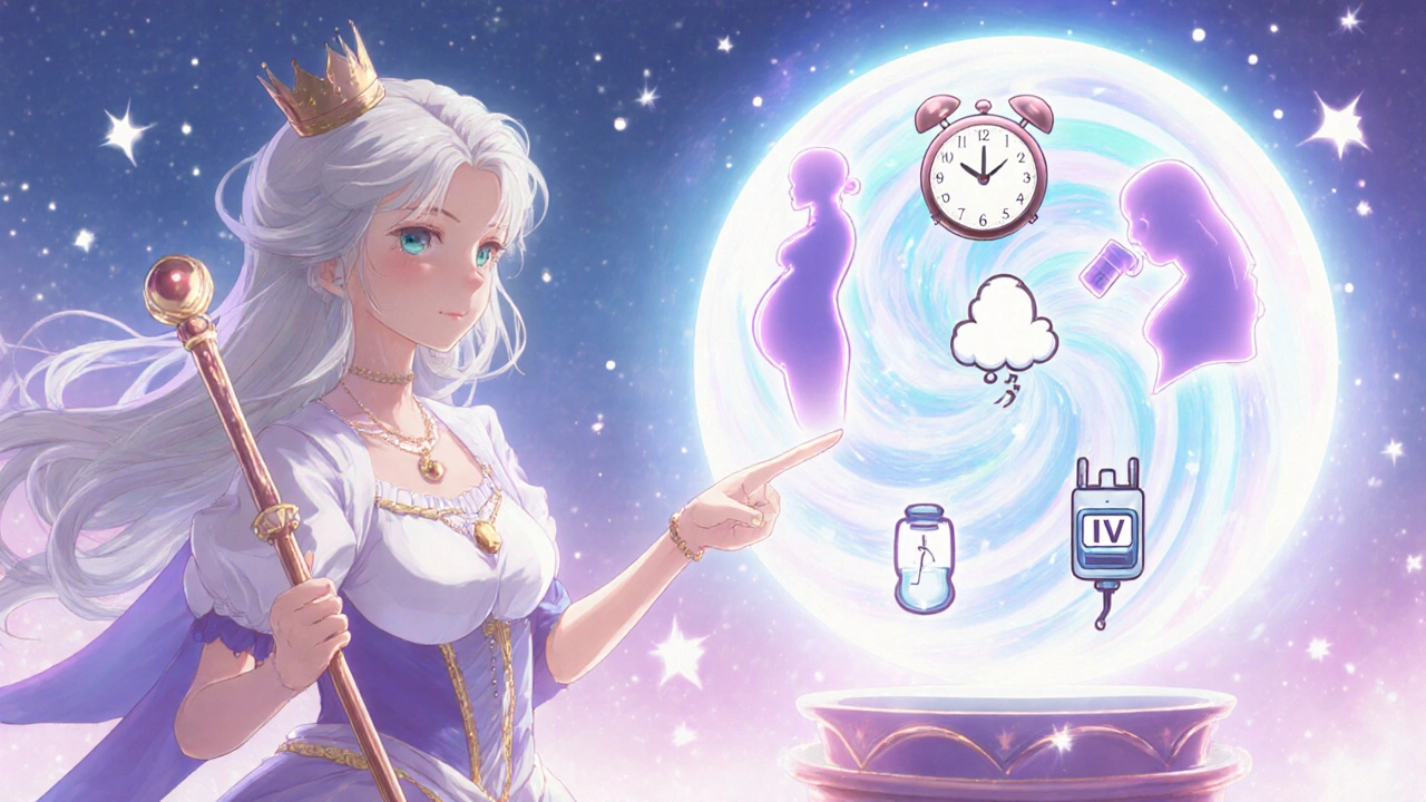Wise magical healer pointing to antiviral icons based on patient scenarios in a crystal ball.