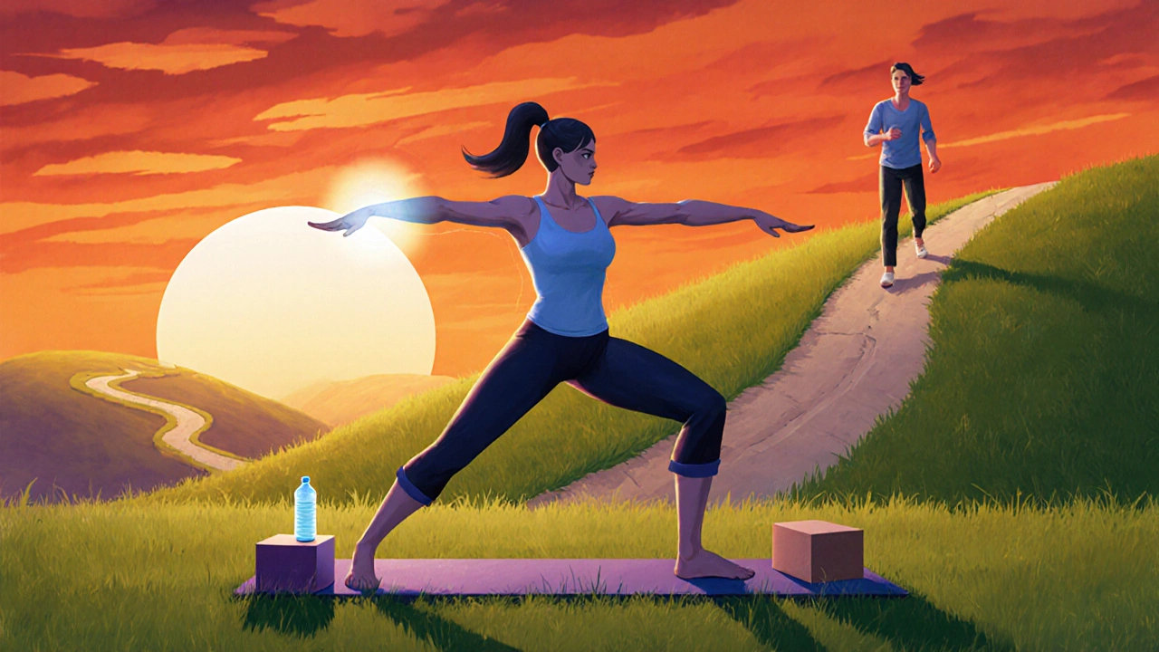 Yogi in Warrior II on hill beside a walking path, props and health aura visible.