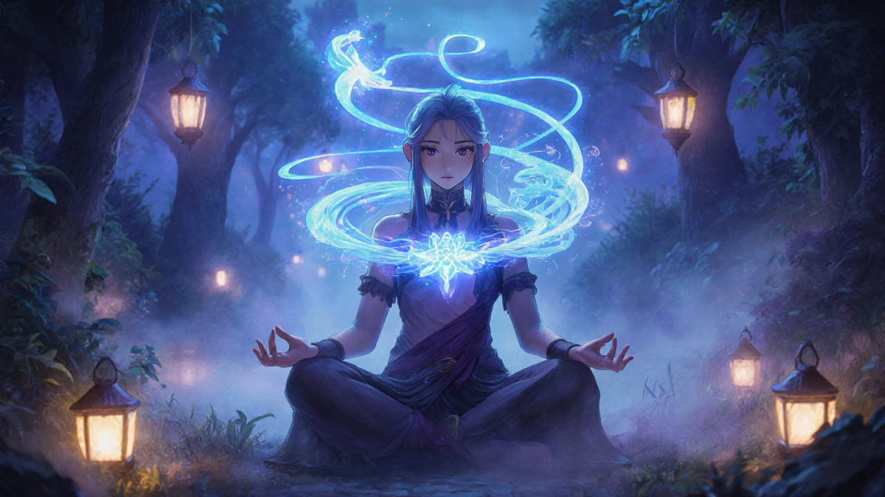 Yogi meditating in garden, blue breath ribbons swirl around a stylized nerve.