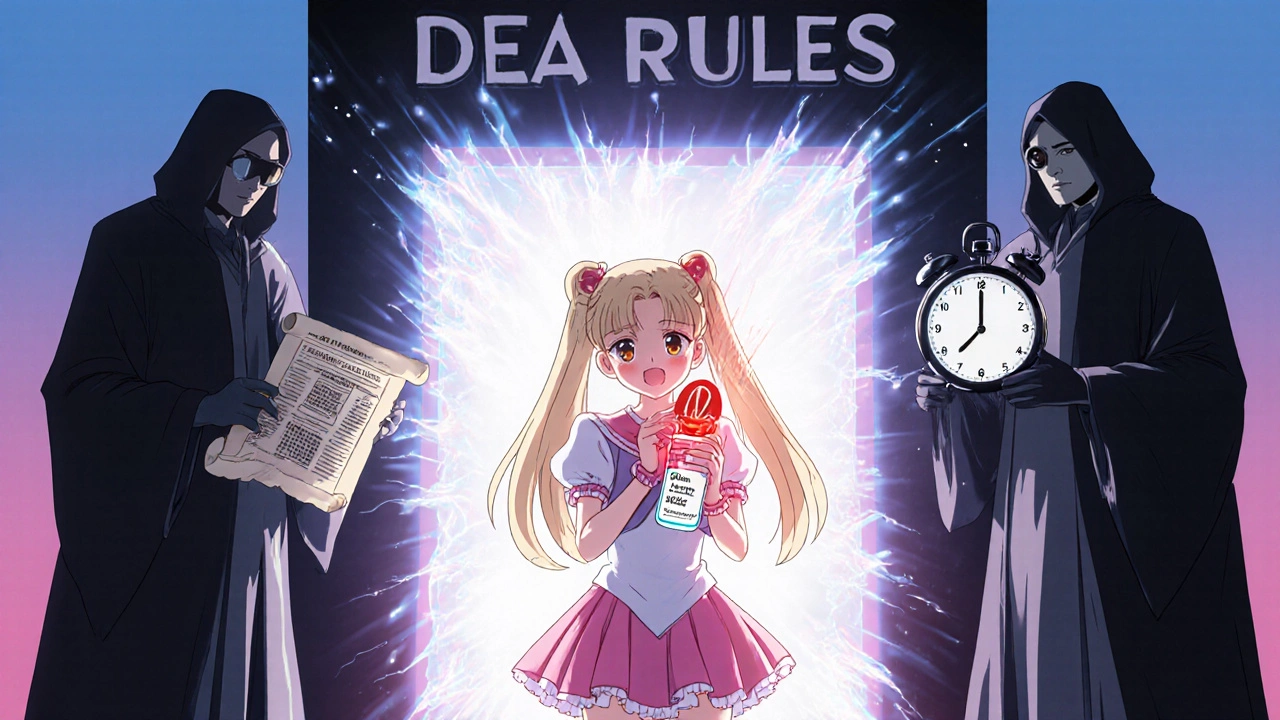 A girl holding a red vial blocked by bureaucratic figures near a ticking clock.