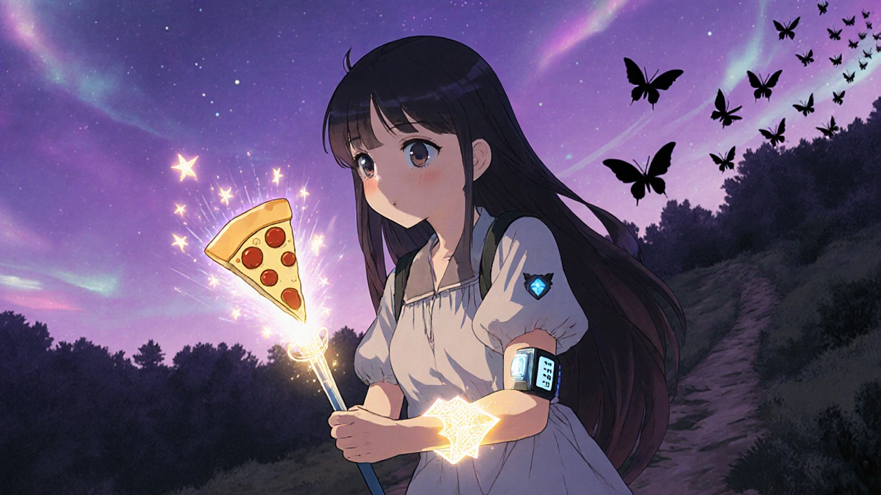 A girl on a hiking trail uses a glowing wand to manage carb levels as protective aura shields her from hypoglycemia shadows.