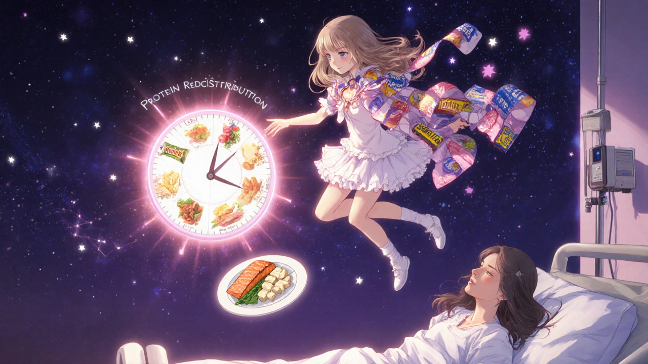 A magical girl casts a spell to shift protein intake to evening, transforming medication interference into starlight and peace.