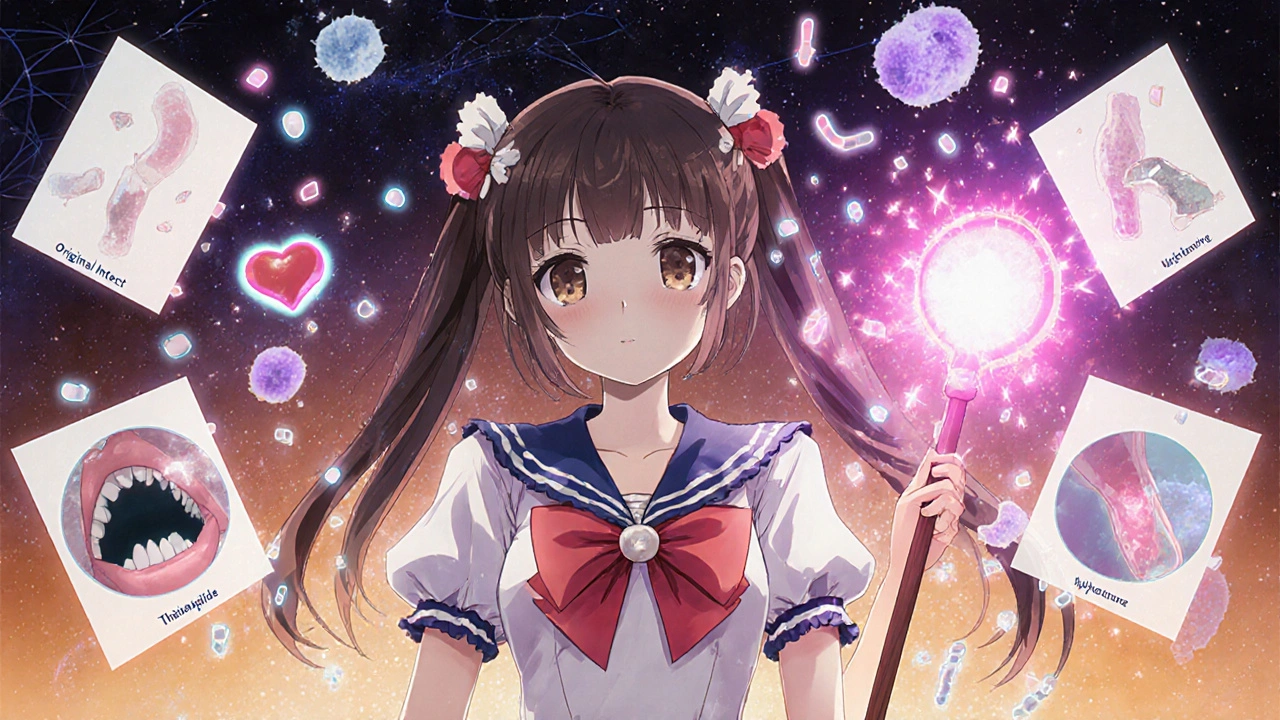 A magical girl’s staff transforms into molecules, revealing how a heart drug unexpectedly helps with blood flow elsewhere.