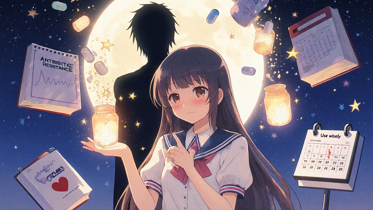 A magical girl turns leftover pills into floating lanterns as antibiotic resistance fades away.