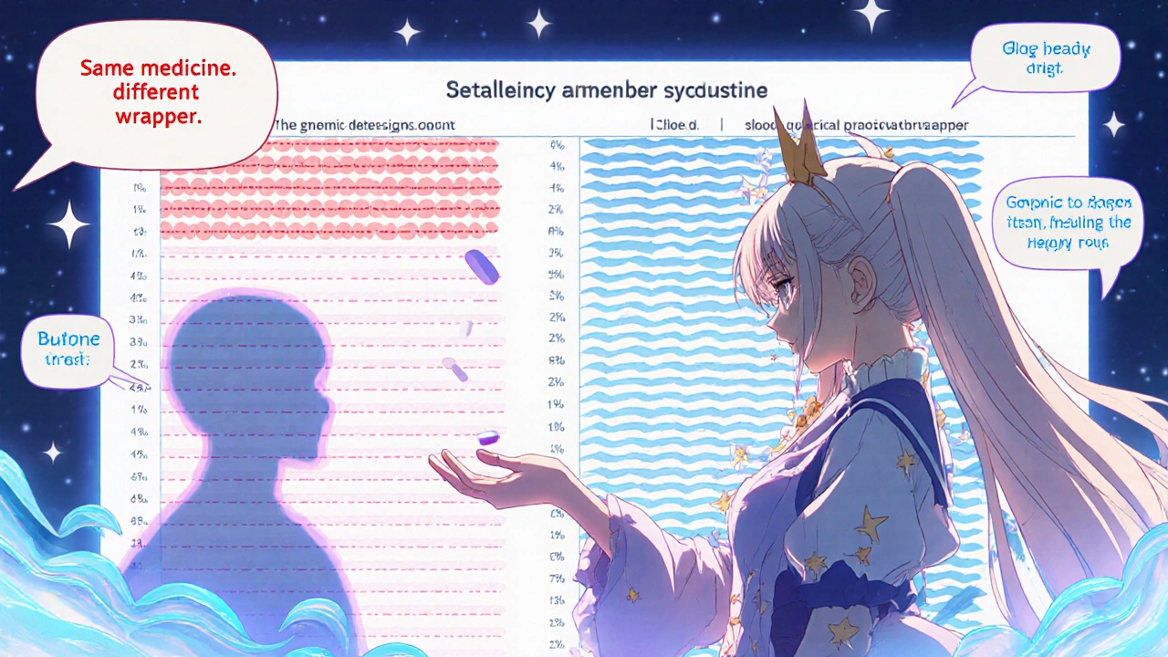 A pharmacist in starry uniform gives a generic pill to a patient as blood test results turn from red to blue in a magical anime scene.