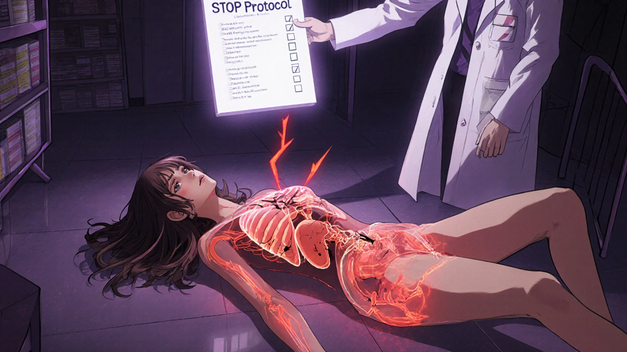 A teen collapsed in hospital, internal organs glowing dangerously with a spectral pharmacist holding a STOP checklist above her.