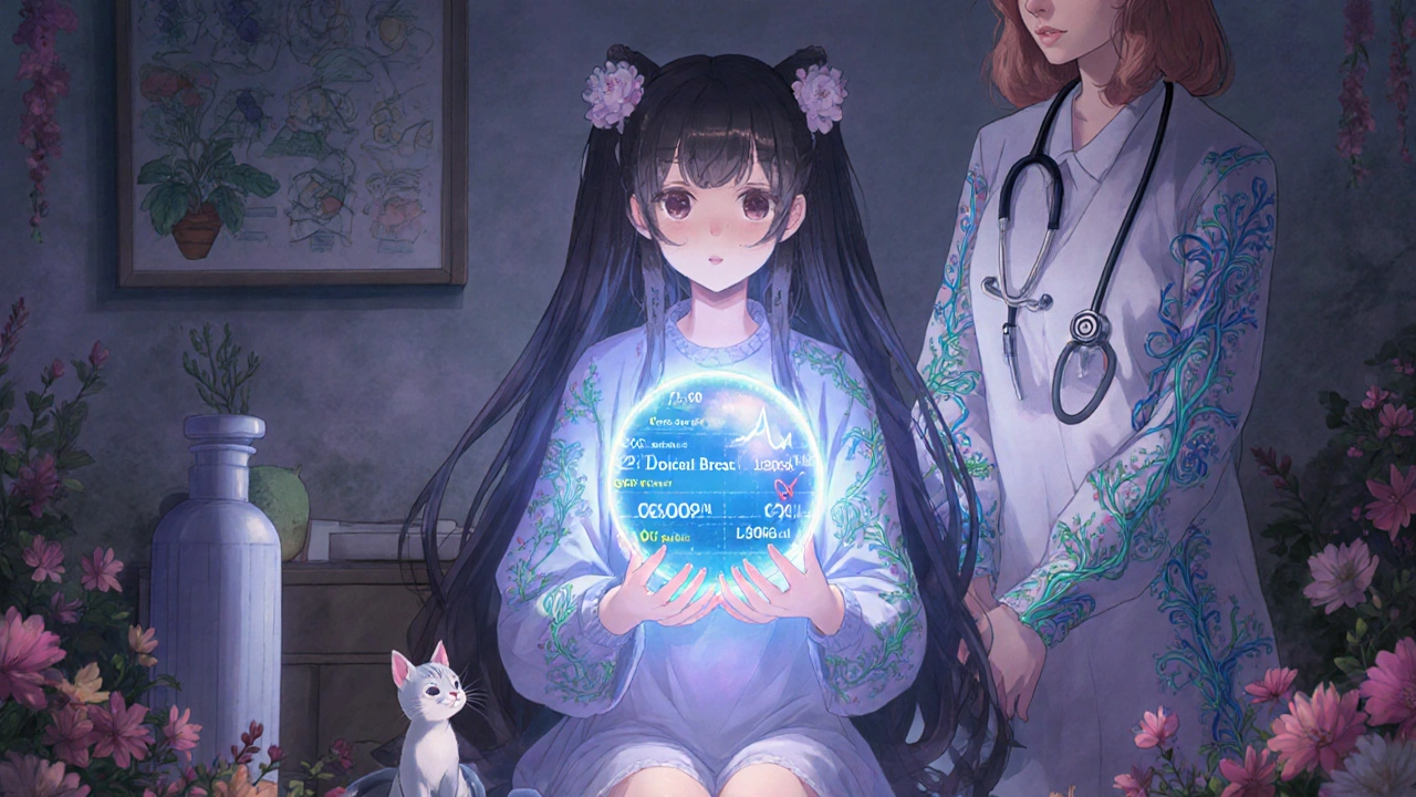 A woman holding a glowing orb showing medication safety data, with her doctors beside her as vines of herbs and neural paths grow around them.