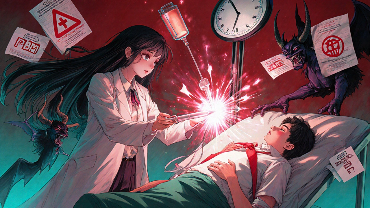 An oncologist protects a patient receiving IV treatment from bureaucratic demons with clipboards.