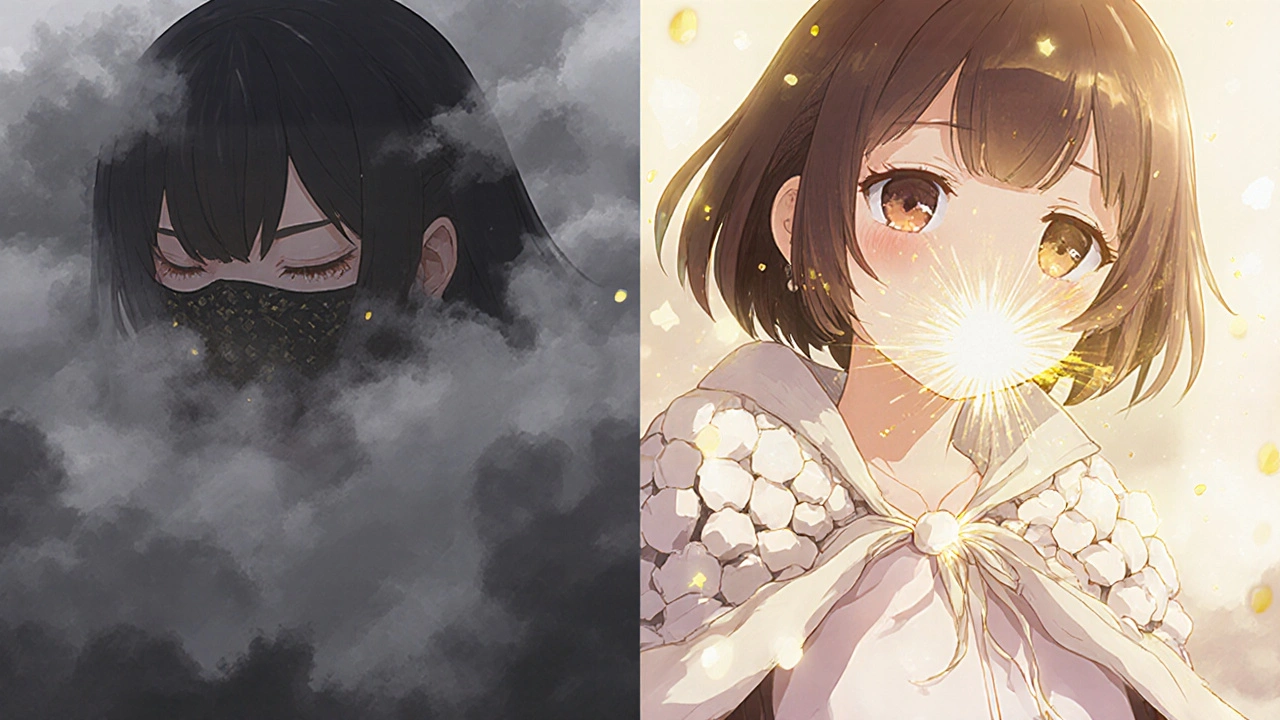 Before-and-after magical girl: clogged nose turning to golden light with relief sparkles.