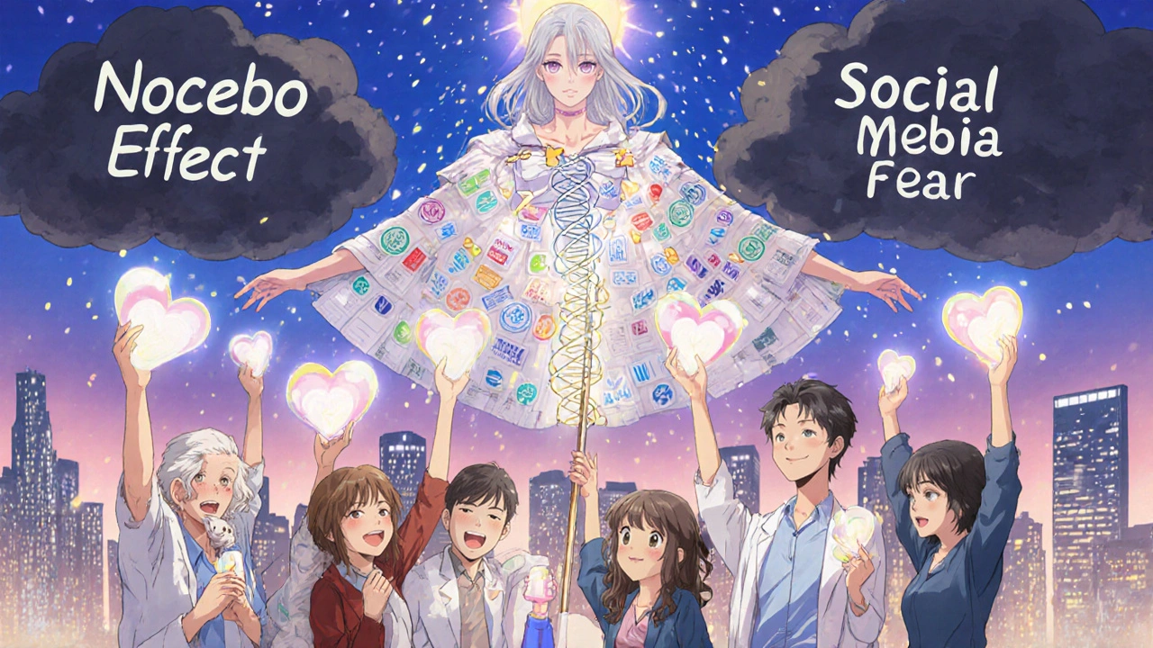 Diverse patients hold glowing generic pills forming a heart chain under a celestial pharmacist casting light to dispel fear clouds.