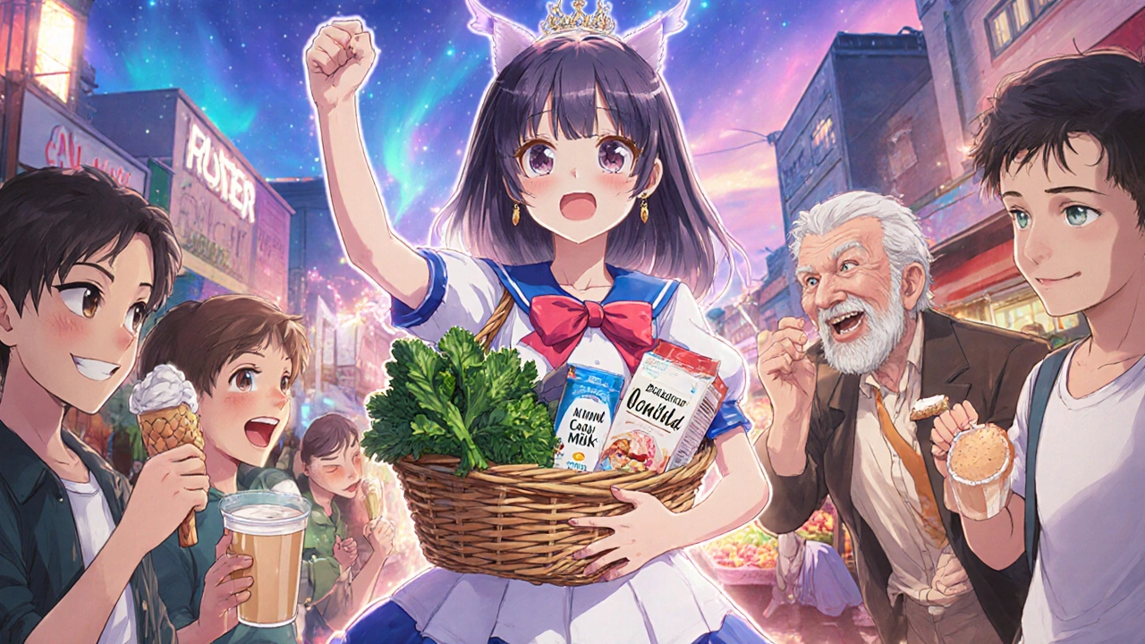 Girl at market with fortified foods as others enjoy dairy-free treats happily