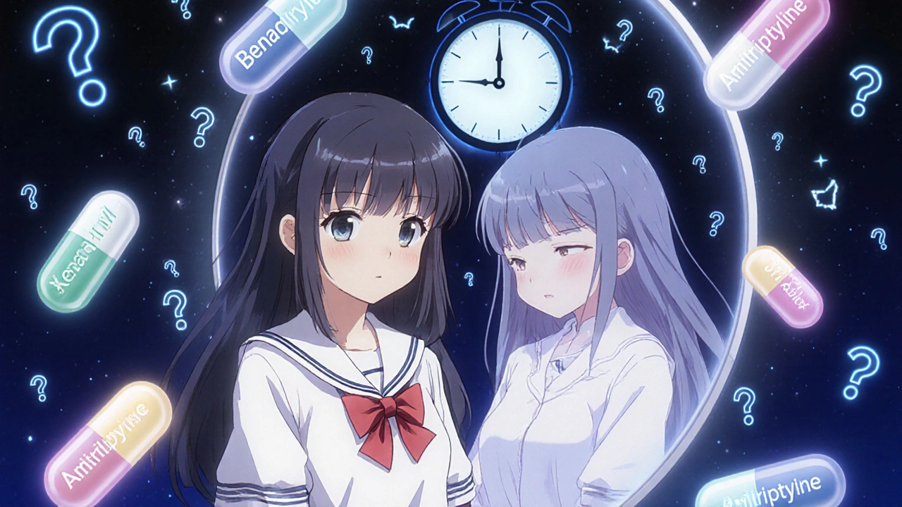 Girl in mirror reflects two versions: alert and tired, with sedating medications casting dark hazes.