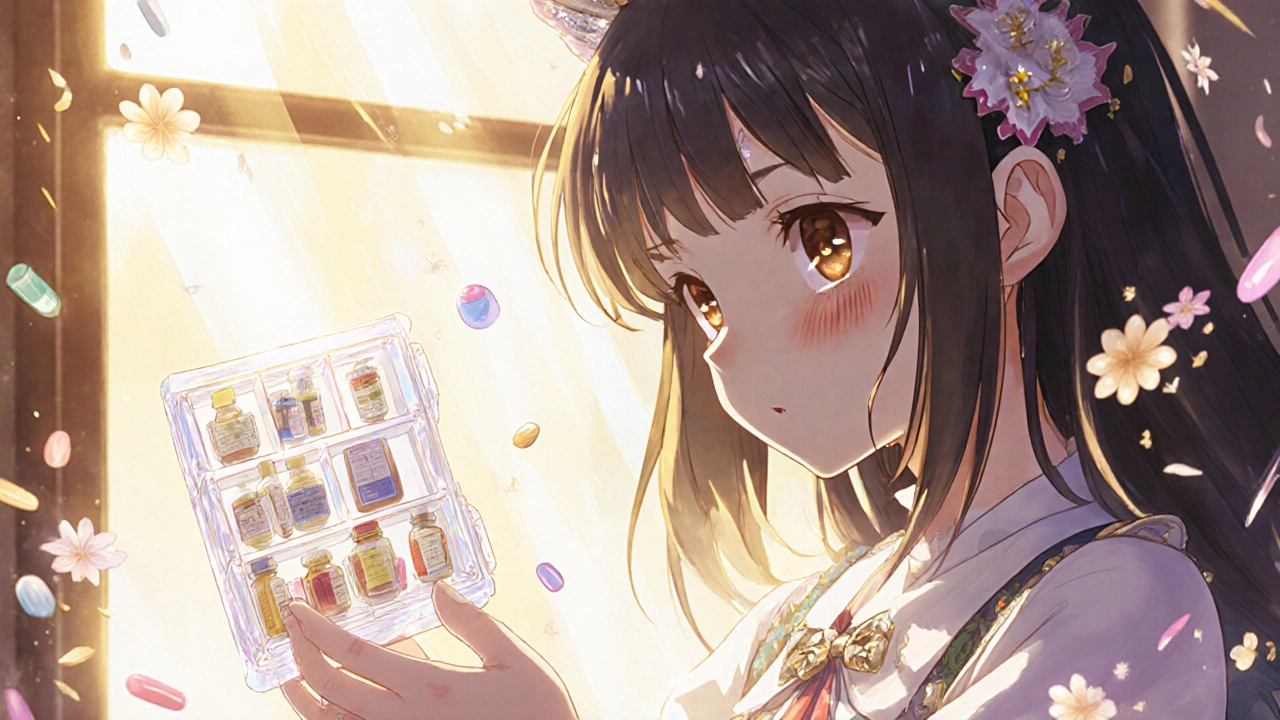 Girl placing medications into a glowing crystalline pill organizer with magical charms