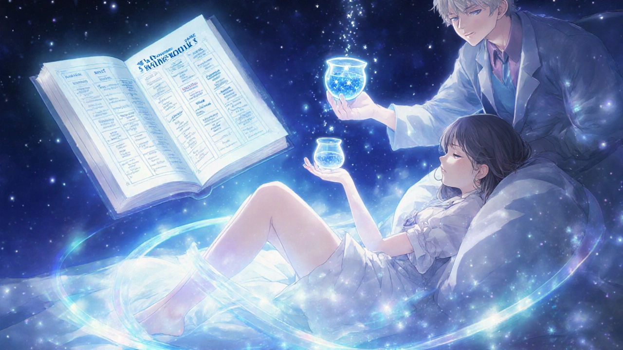 Girl sleeping peacefully as healing light flows through her legs, guided by a pharmacist spirit.