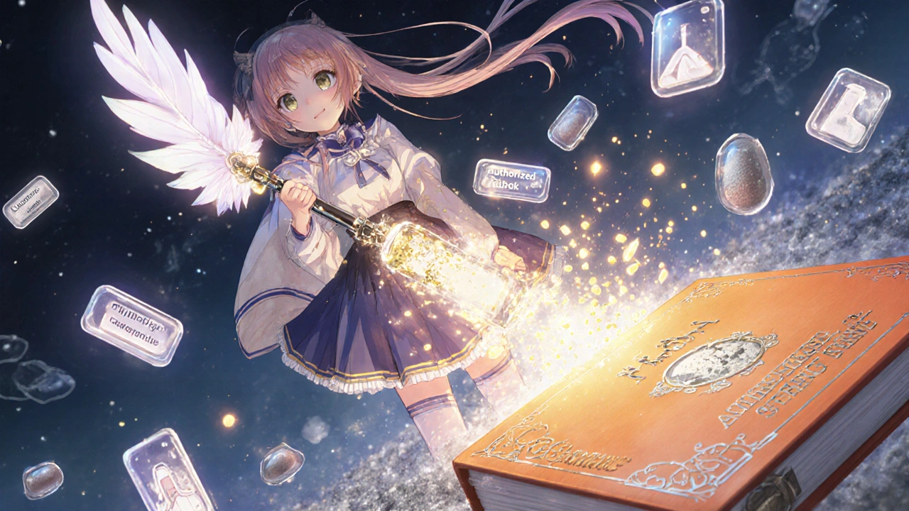 Girl using a glowing inhaler wand to deliver medicine, contrasting generic and authorized generic tablets.