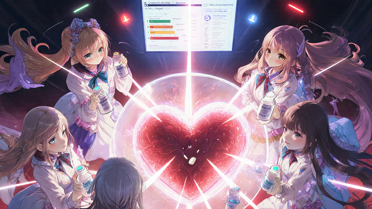 Group of magical girls protecting a heart with light beams from NTI drug vials.