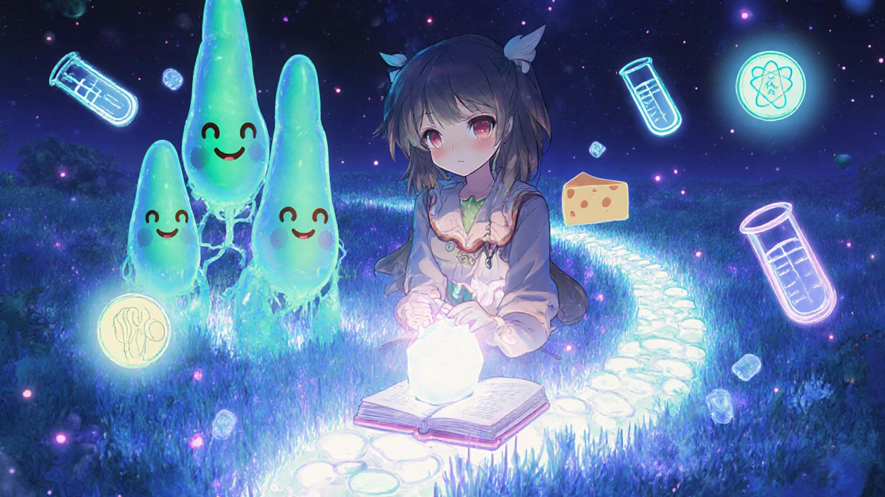 Heroine guiding lactose through a glowing digestive tract with friendly bacteria