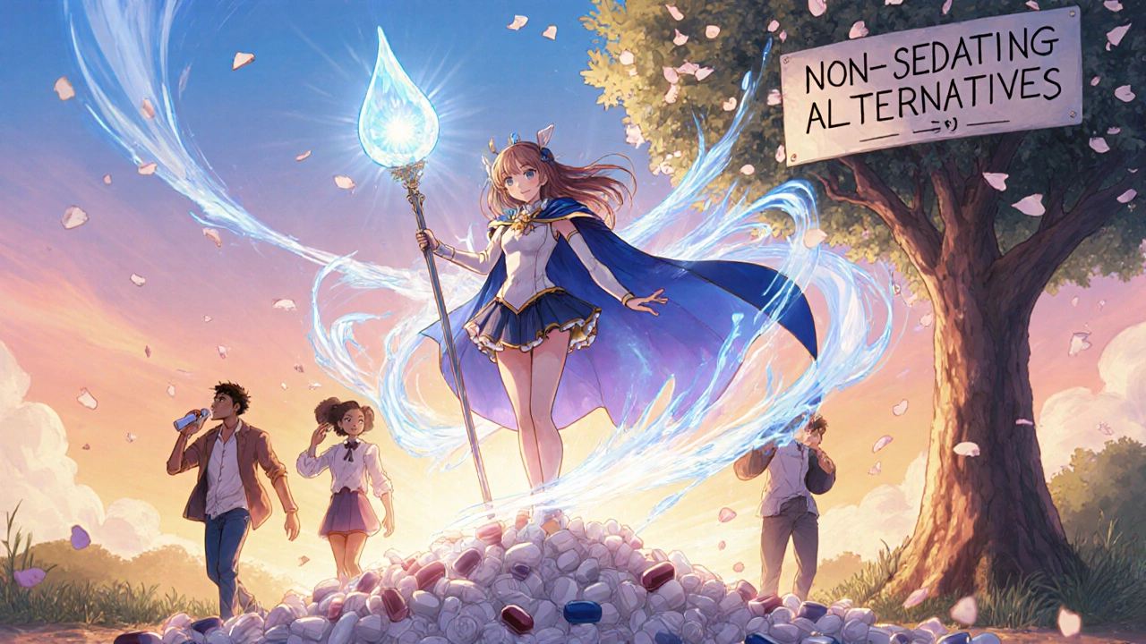 Heroine stands on discarded pills, holding a water staff as others walk freely under sunny skies.