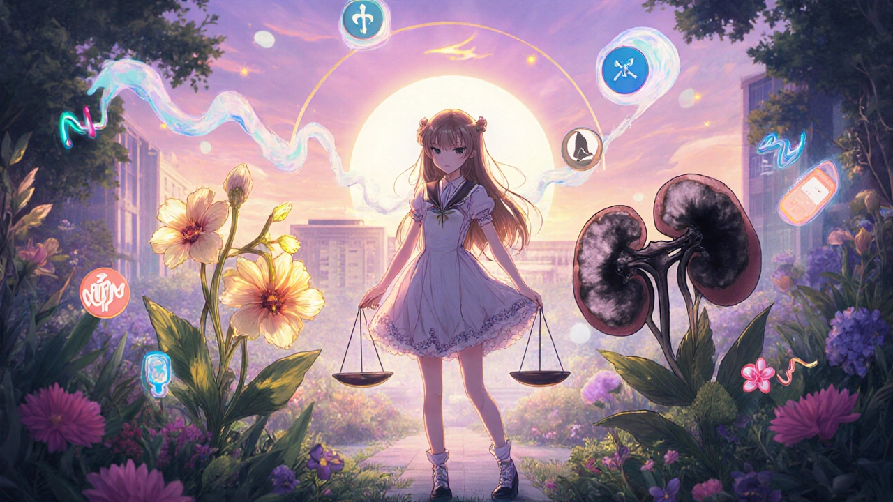 Magical girl balancing safe kidney treatments as one kidney blooms and another withers.
