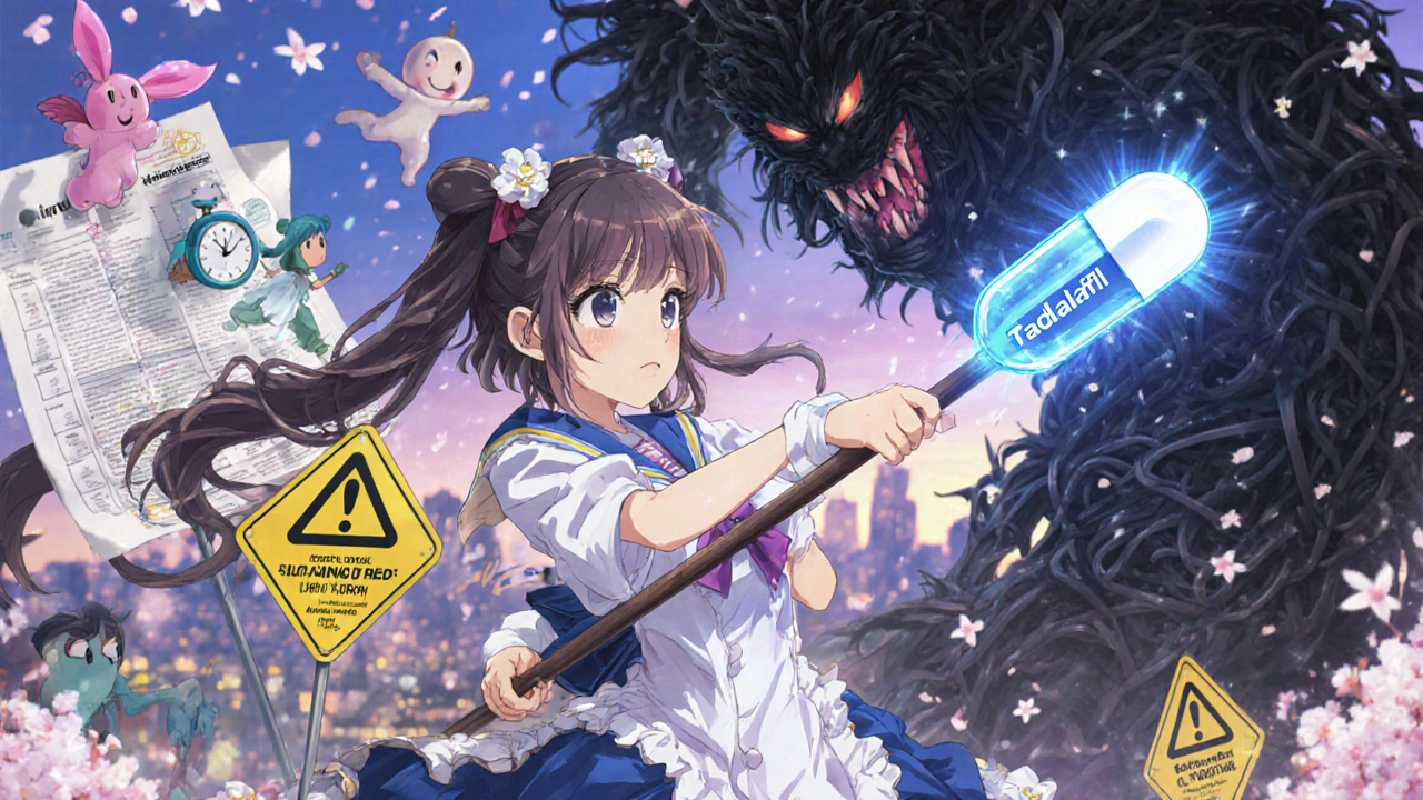 Magical girl battling a shadow monster of side effects with a glowing tadalafil crystal.