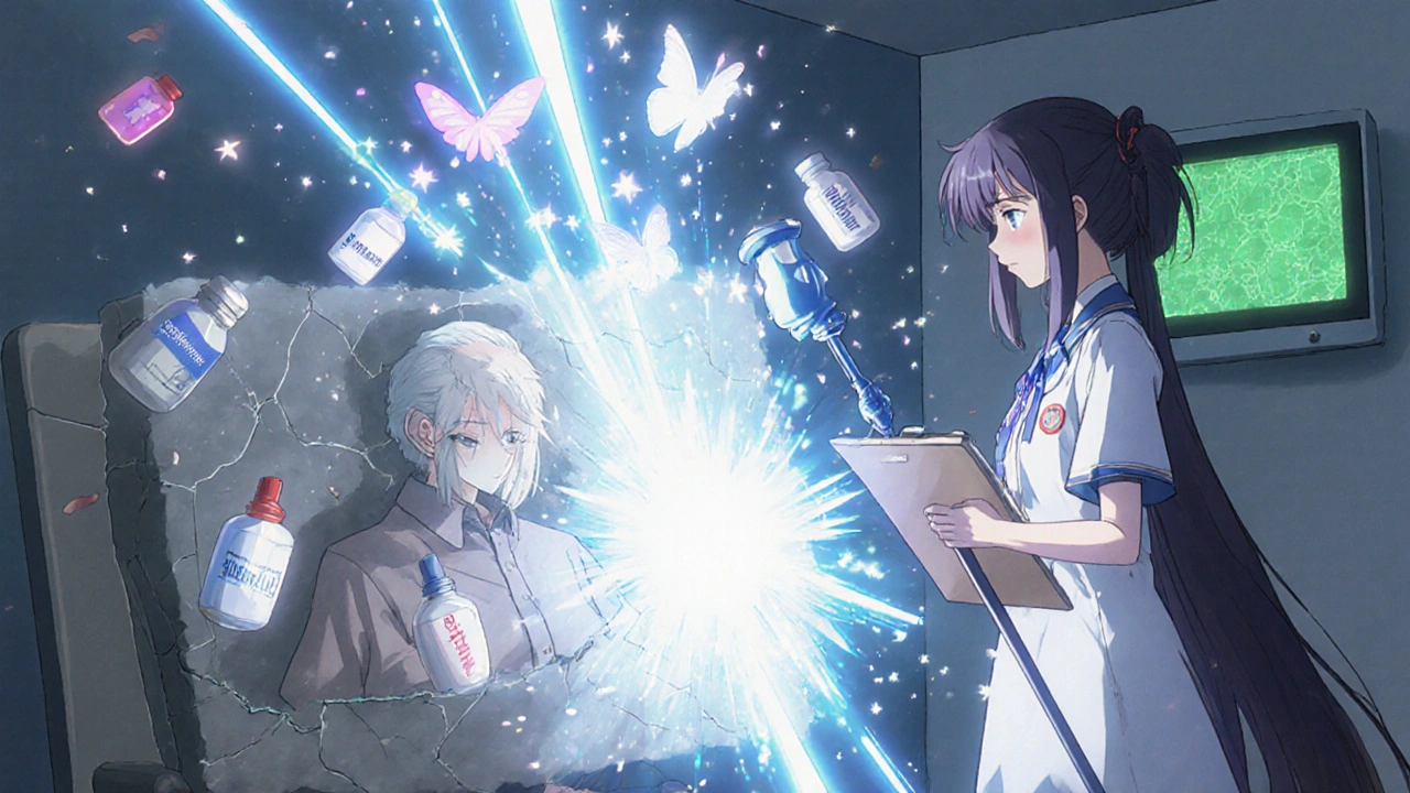 Magical girl breaks gray fog around quiet senior with healing beam in hospital.