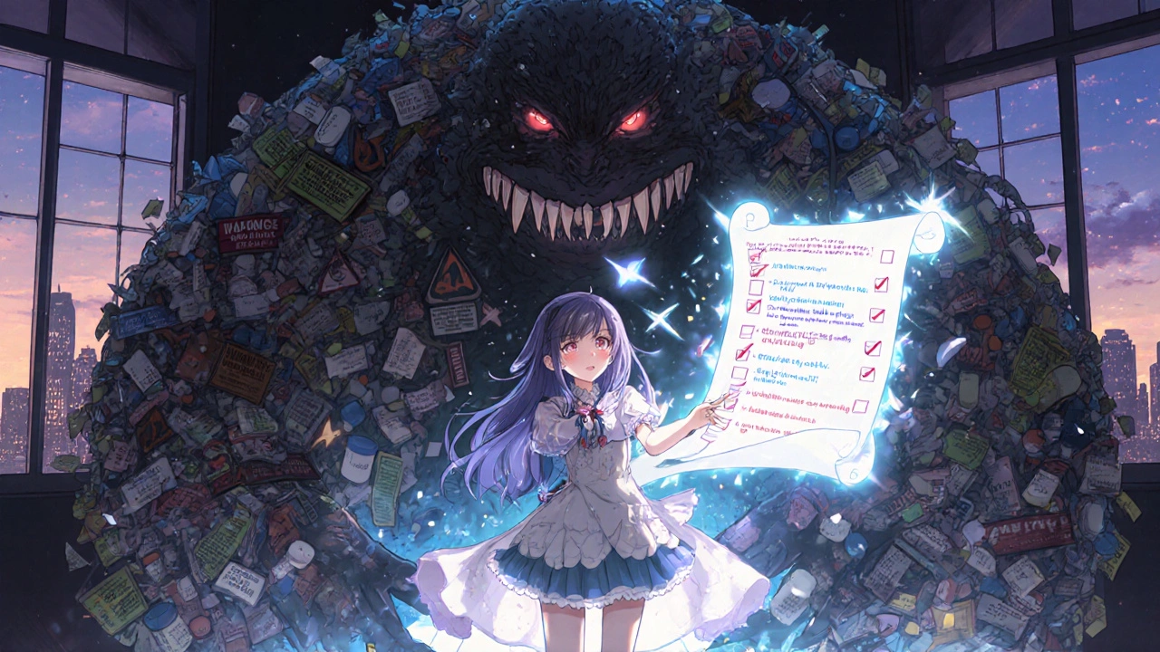 Magical girl defeating a shadow monster of prescription labels with a radiant scroll