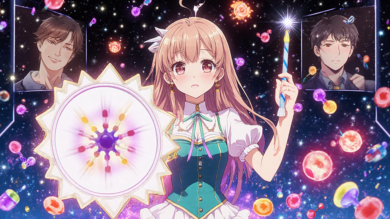 Magical girl holding a precise shield against one receptor while a chaotic wand binds to multiple unintended protein targets.