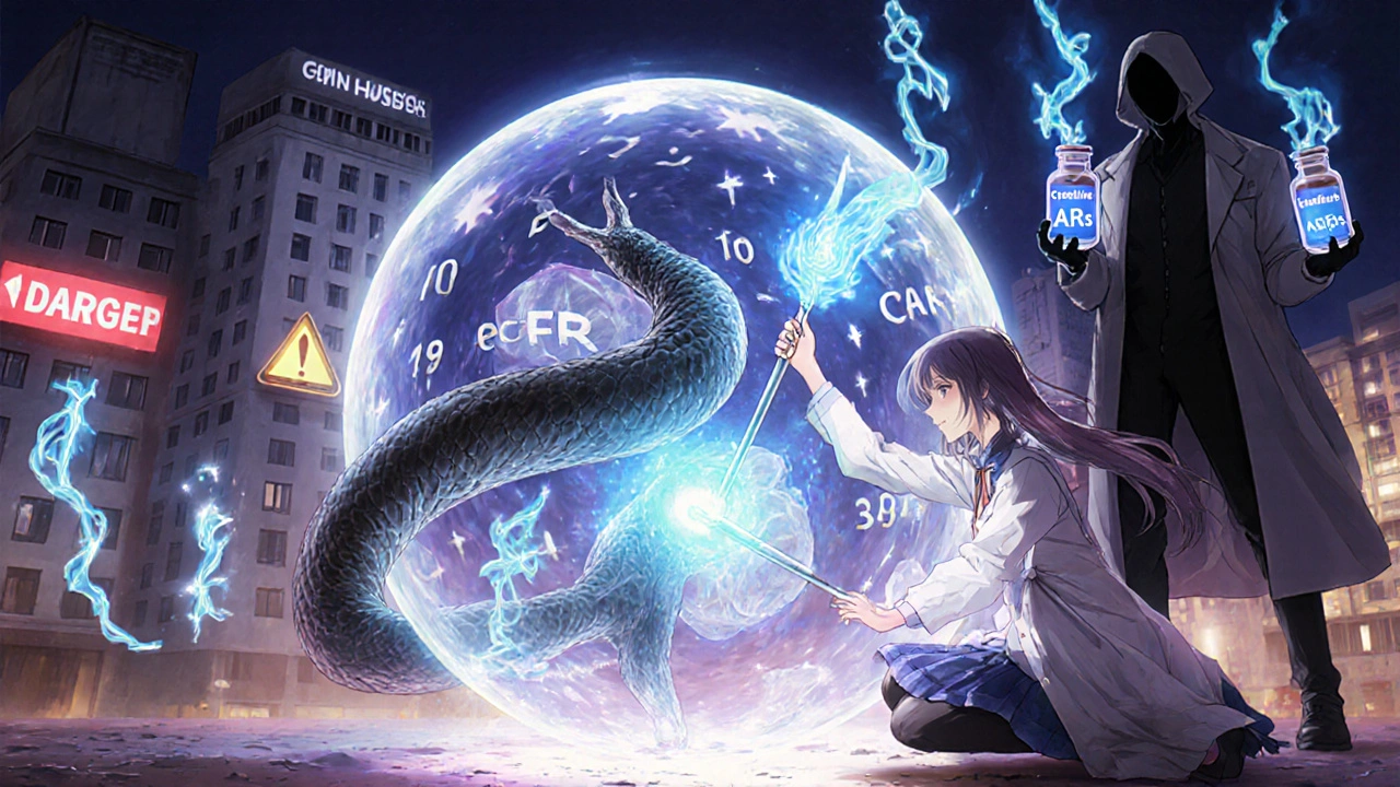 Magical girl protecting a collapsing glomerulus from ACE inhibitor spells with glowing wand.