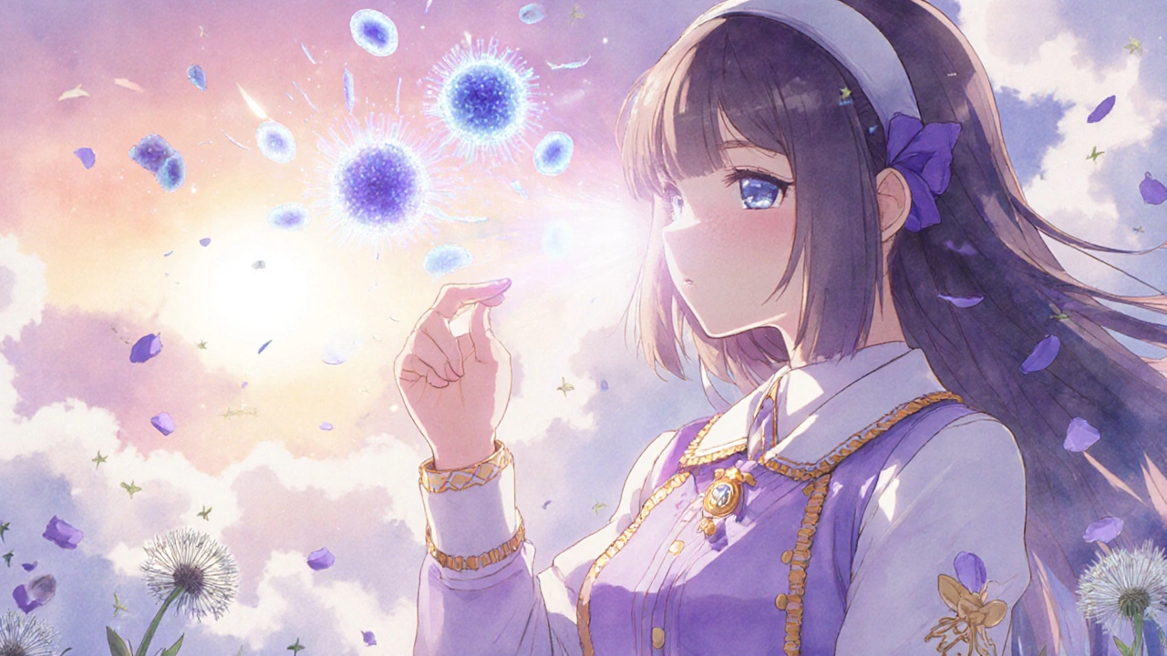 Magical girl spraying radiant mist as immune cells retreat like shadowy spirits.