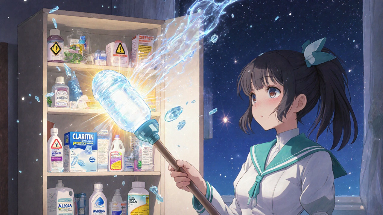 Magical girl transforming a medicine cabinet into a safe, organized space with glowing allergy remedies.