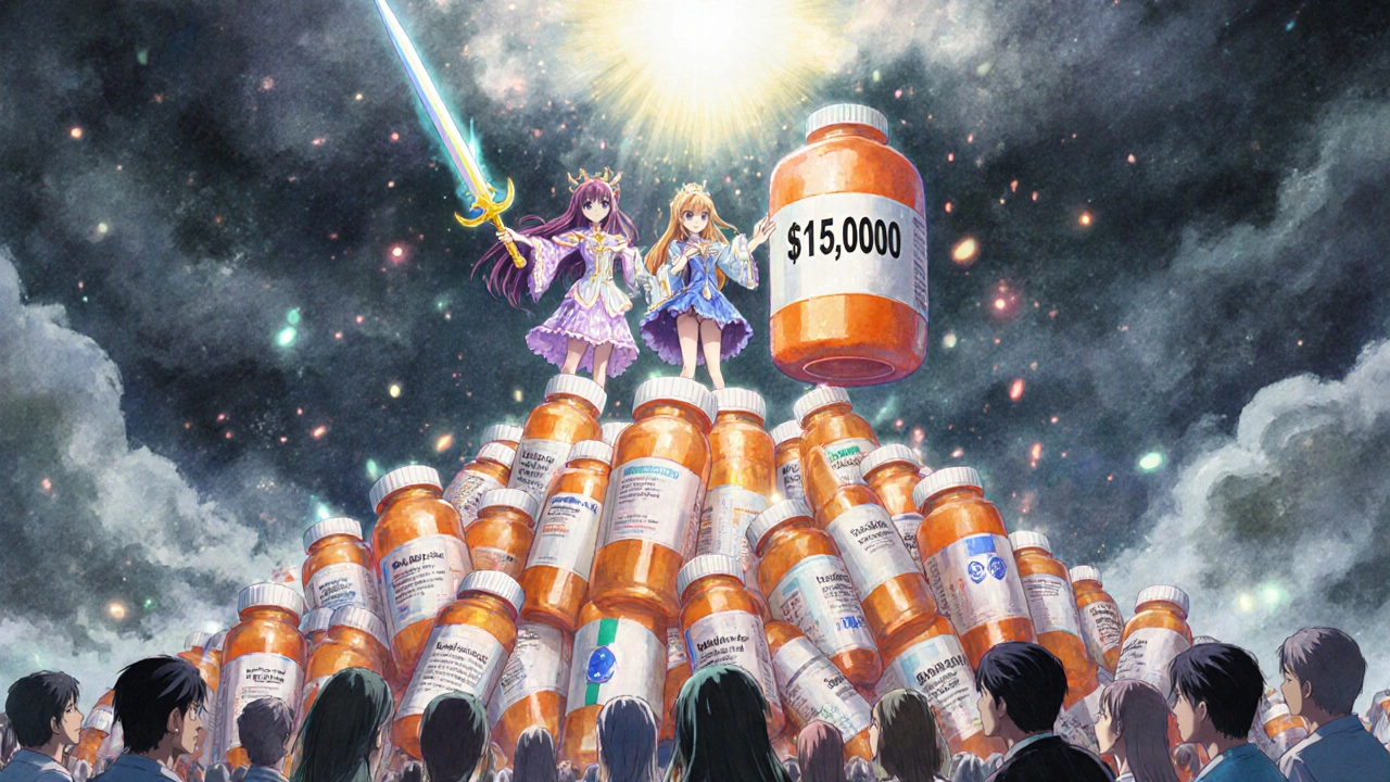 Magical healers stand atop prescription bottles, one wielding a brand drug as a sword against an inflated generic.