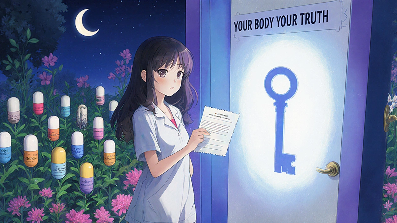 Patient unlocking a door to a garden of pills, with one branded pill wilting in shadow.