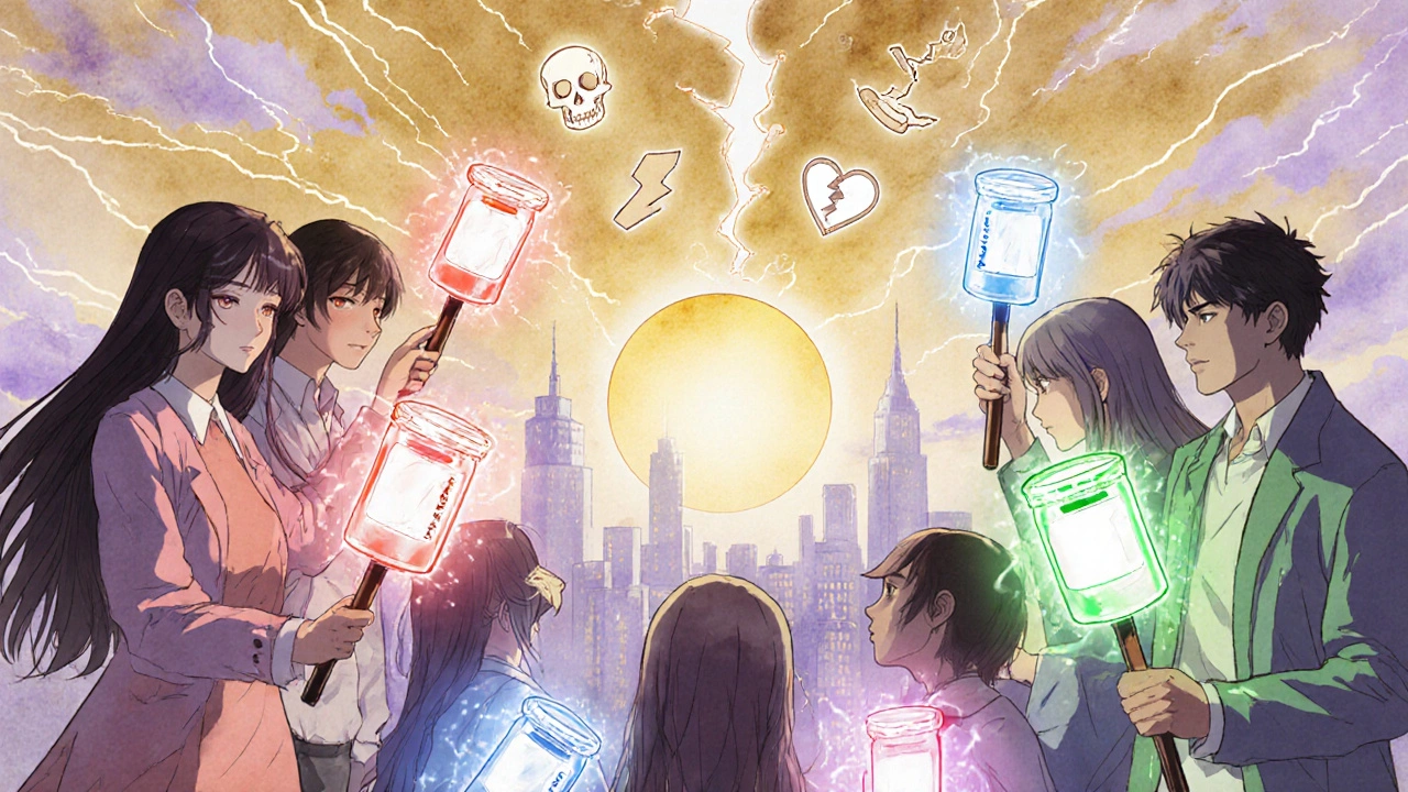 People holding medication wands forming a protective shield against a storm of danger symbols under a sunrise.