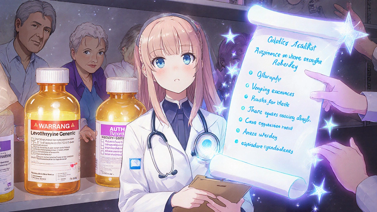Pharmacist with glowing prescription bottles and patients, showing a checklist for safe drug substitution.