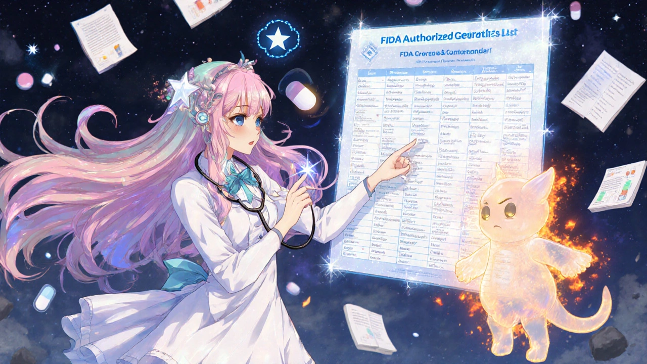 Pharmacist with starlight stethoscope explaining authorized generics using floating holograms.