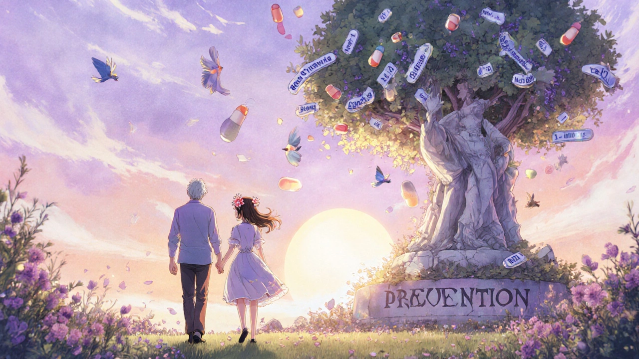 Senior and magical girl walk in garden as dangerous pills transform into birds.