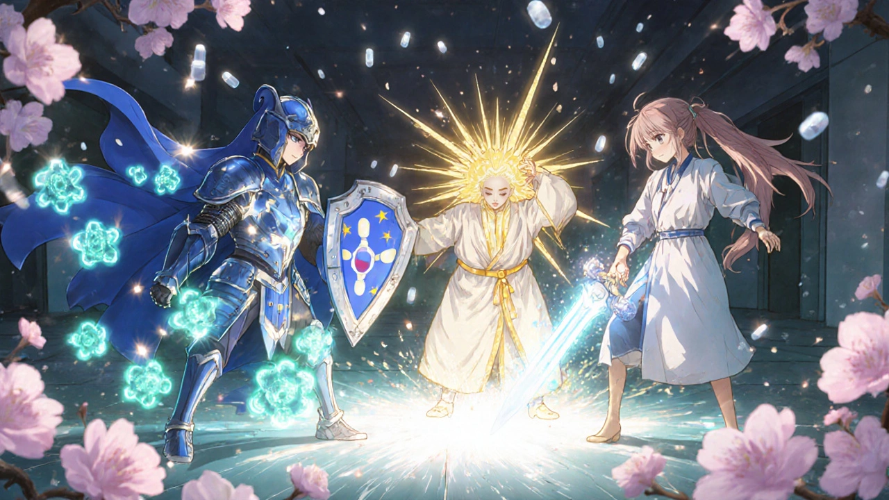 Three antibiotic warriors battle pathogens in a glowing hospital arena under cherry blossoms.