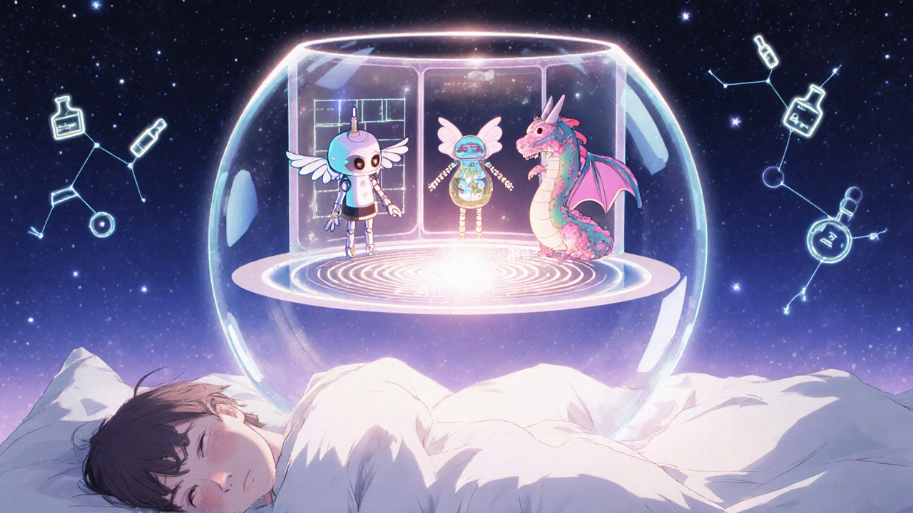 Three magical guardians inside a floating crystal orb maintain balanced glucose levels over a sleeping child.