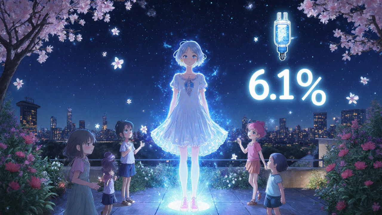 Woman on rooftop at night radiating calm light as her blood sugar improves.