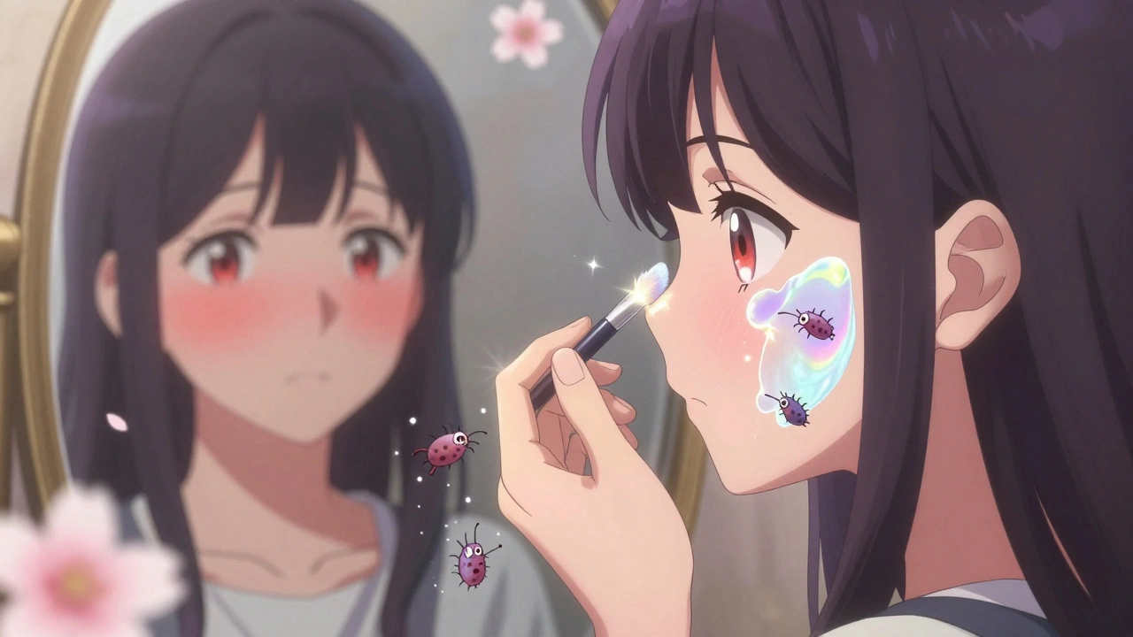 A girl applying glowing cream to her face as tiny mites vanish into sparkles, with cherry blossoms drifting around her.