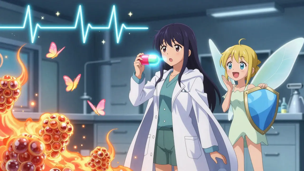A girl in a lab coat administers a shimmering antibiotic capsule while allergic clouds turn to butterflies.