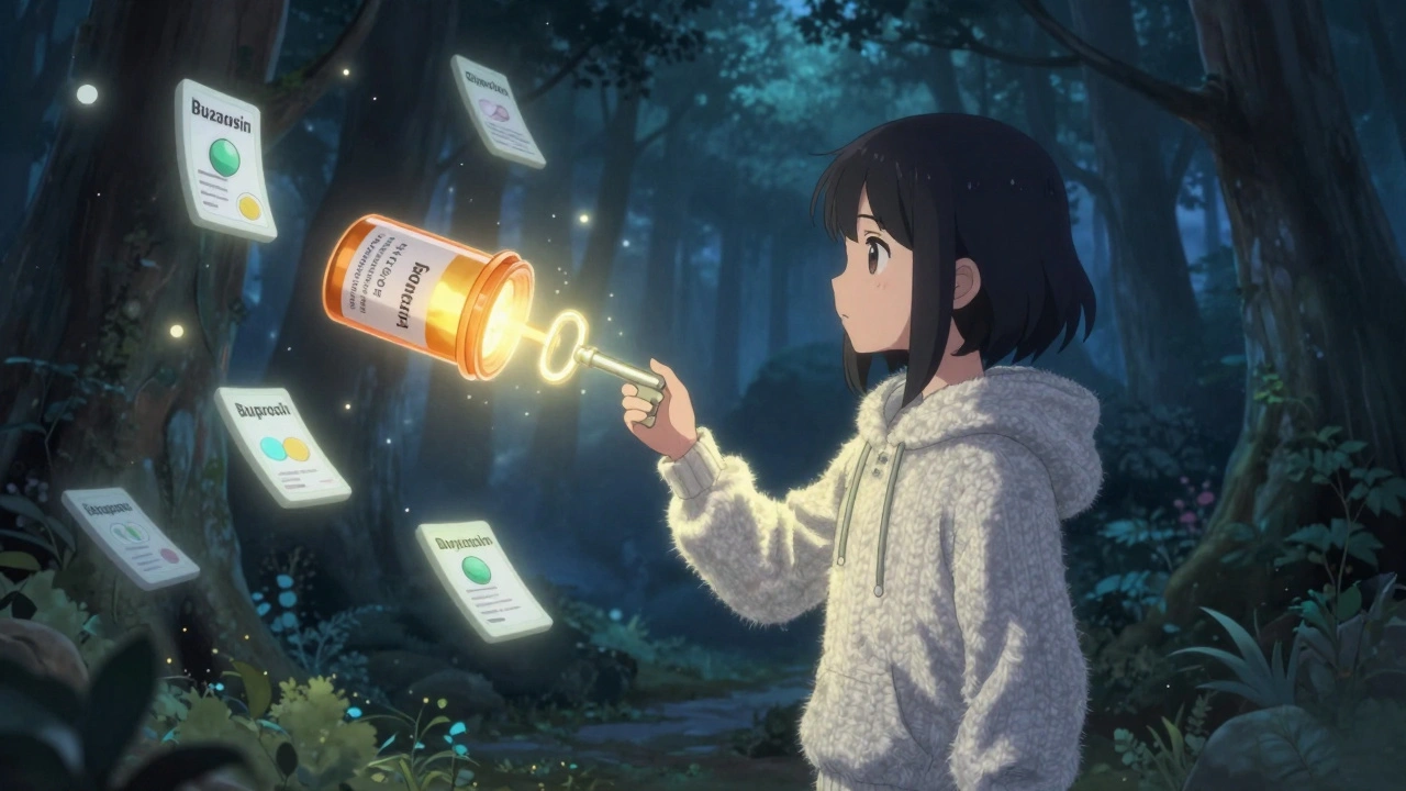 A girl stands before floating medicine tablets in a starlit forest, symbolizing hope and healing.