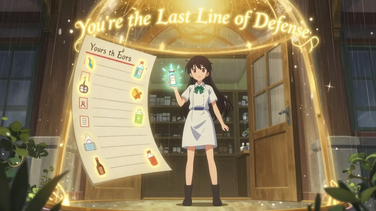 A girl stands proudly with a sparkling prescription bottle as a magical checklist glows behind her.