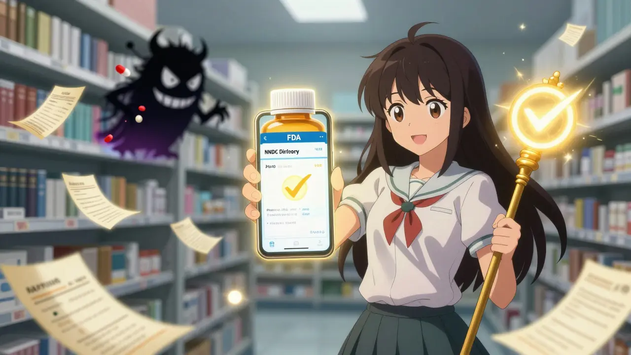 A girl uses a glowing phone to verify a prescription, with a golden light banishing a shadowy error monster.