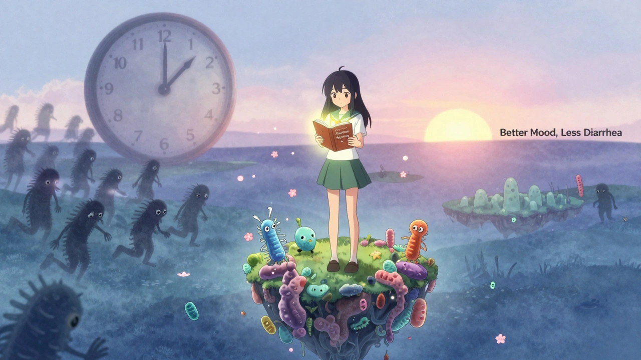 A girl watching native bacteria return as probiotic allies fade, symbolizing gut recovery.