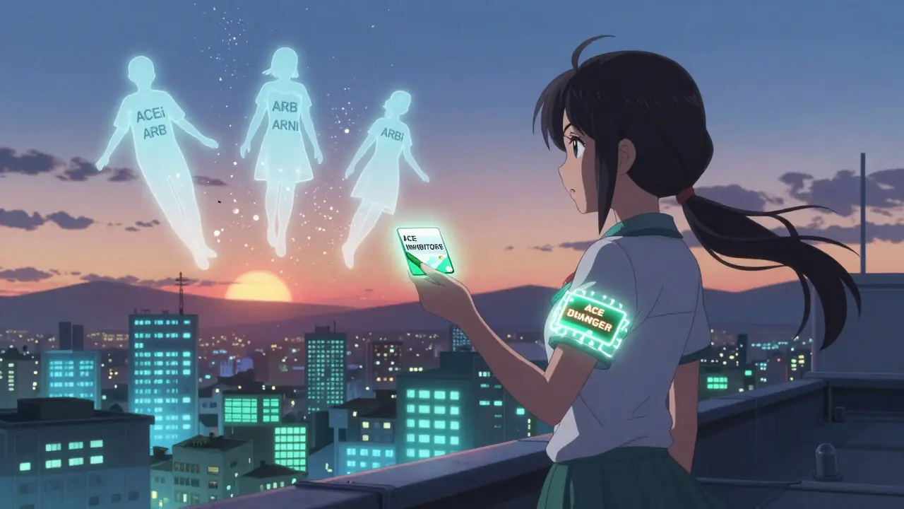 A girl with a glowing medical alert bracelet stands on a rooftop as dangerous drugs shatter, replaced by safe alternatives in soft light.