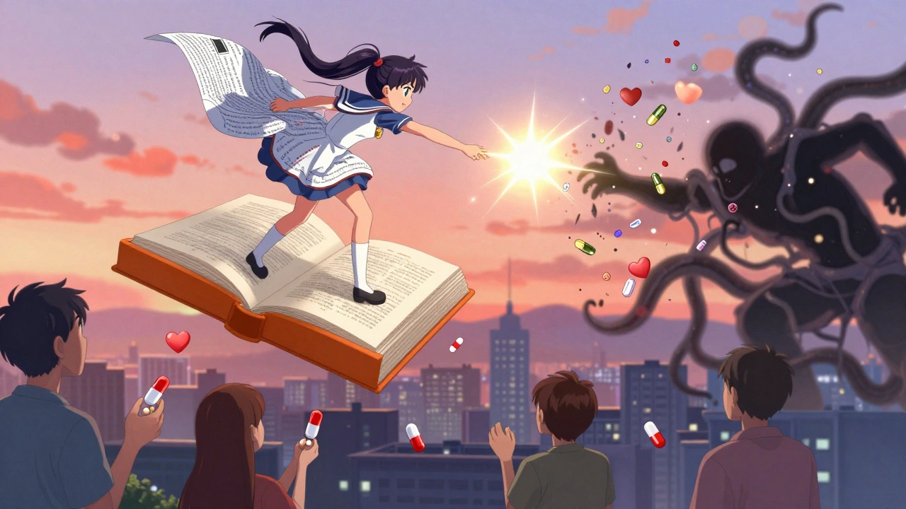 A heroic girl defeating patent thicketing shadows with AB-rating magic while patients receive heart-shaped pills.