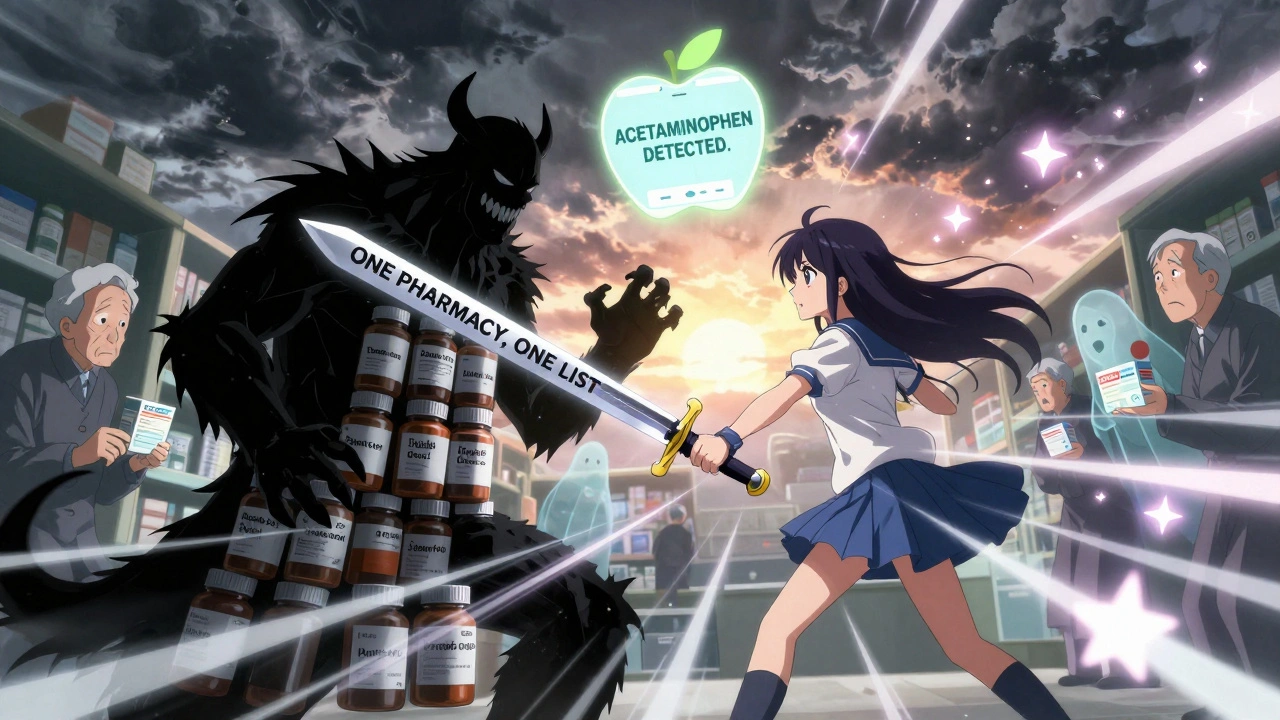 A heroine fights a pill bottle monster with a sword made of a medication list, while a glowing app alerts above.