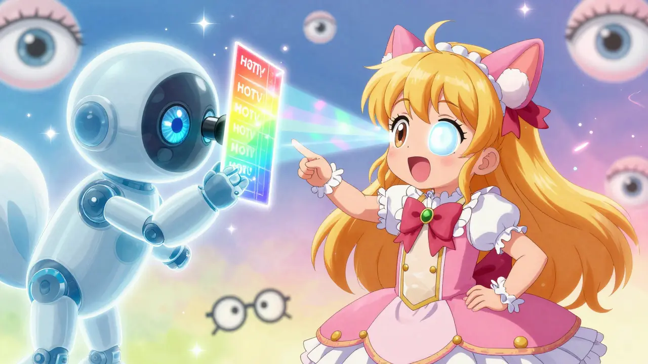 A little girl points at a glowing eye chart while a robotic fox scans her eyes.