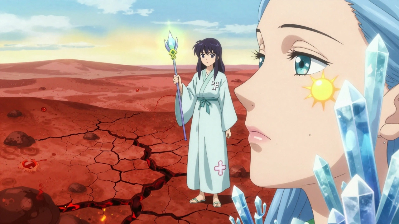 A magical girl casting a calm spell over a split skin landscape—fiery red on one side, smooth and glowing on the other.